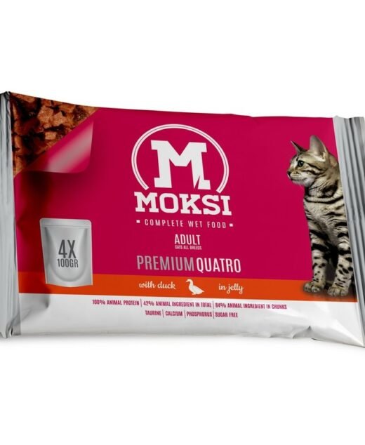 MOKSI – Premium vlažna hrana sa taurinom za mačke, Pačetina u želeu  - 4x100g