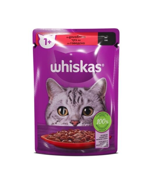 WHISKAS - Kompletna vlažna hrana za mačke, Govedina u sosu, 85gr