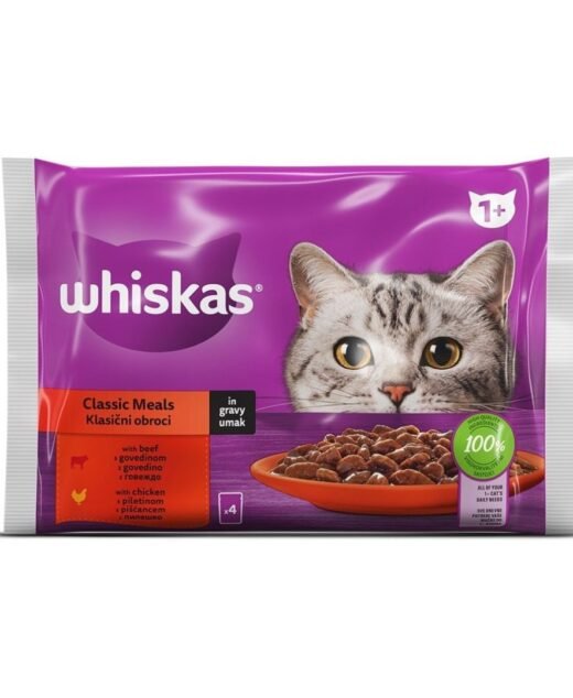 WHISKAS - Kompletna vlažna hrana za odrasle mačke, Govedina i piletina, 4x85gr